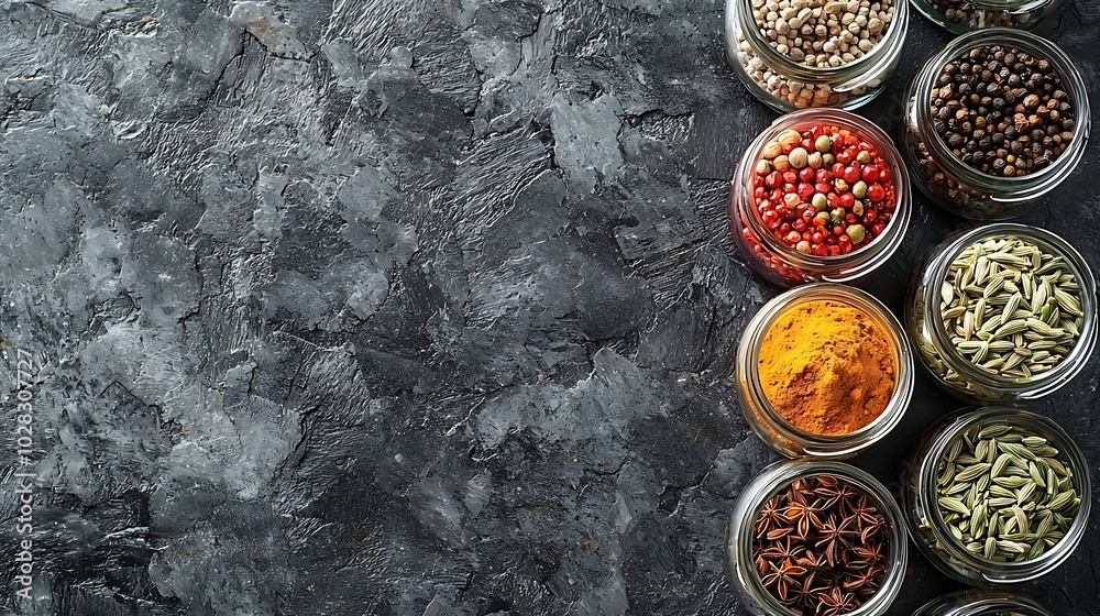 Poster spices assortment in jars fennel coriander cumin seed grey stone background top view copy space : ge