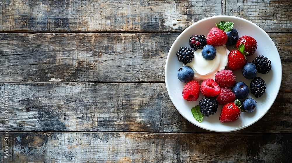 Poster pancakes with cream and fresh berries on a white plate on a wooden background : generative ai