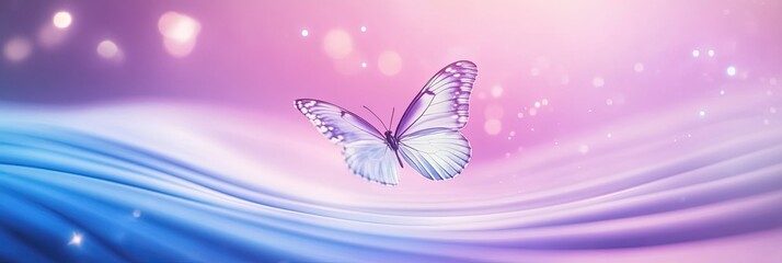Beautiful butterfly flying on a glowing wave background with copy space, in a purple and blue color theme.