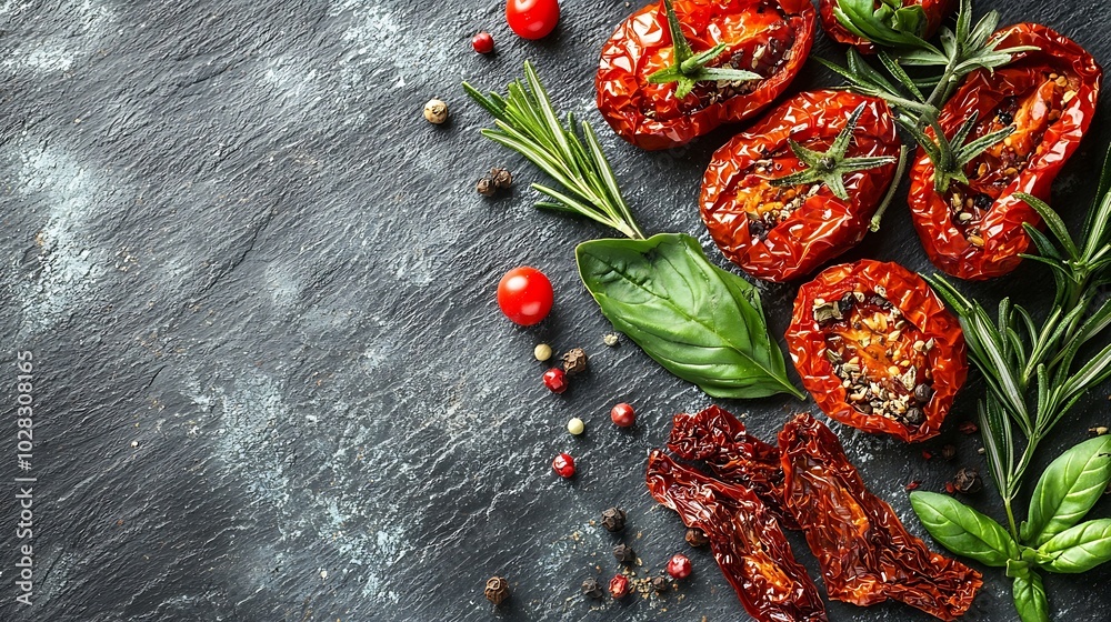Poster Sun dried tomatoes with fresh herbs and spices Slate background Top view Copy space : Generative AI