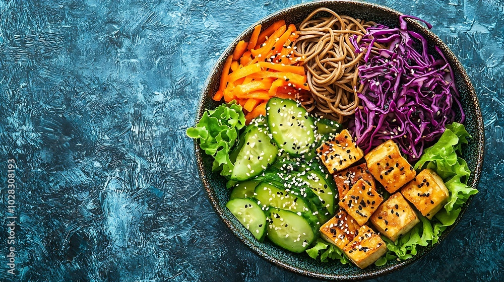 Poster Soba noodles with vegetables and fried tofu in a bowl Blue background Copy space Top view : Generative AI