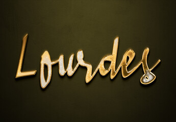 Old gold text effect of Spanish name Lourdes with 3D glossy style Mockup.