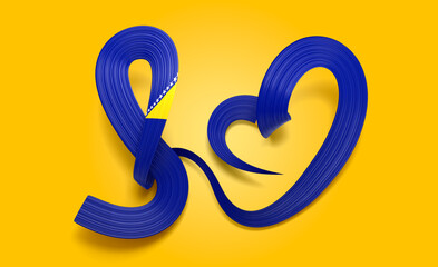 3d Flag Of Bosnia And Herzegovina 3d Shiny Waving Heart Ribbon Flag On yellow Background 3d Illustration