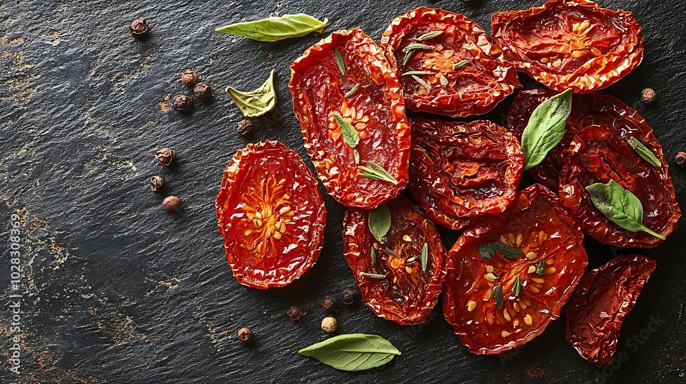 Aufkleber sun dried tomatoes with fresh herbs and spices slate background top view : generative ai