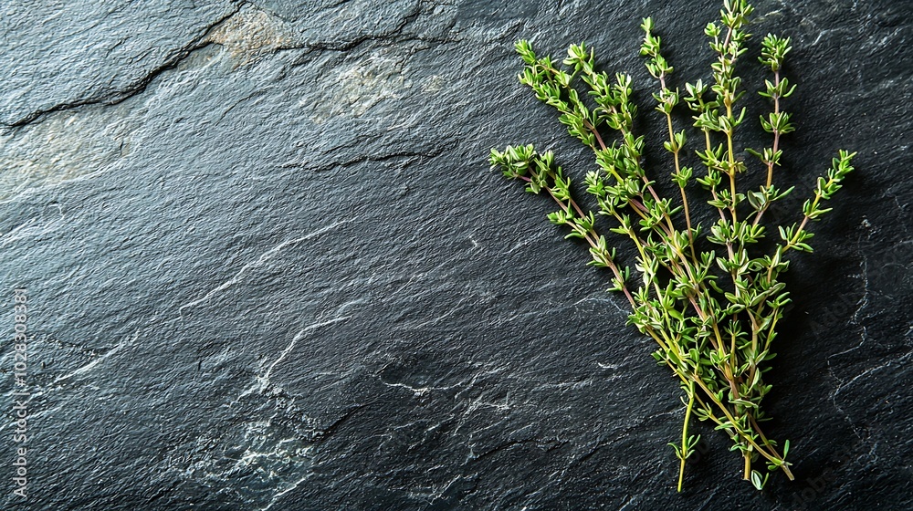 Poster Fresh thyme bunch on slate background Top view Copy space : Generative AI