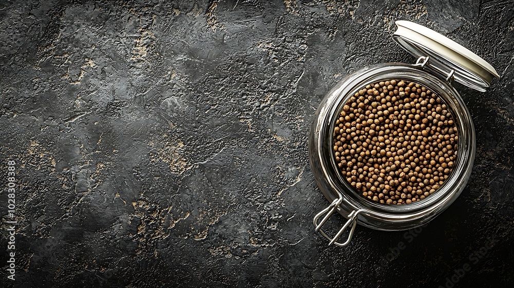Poster Coriander seeds in a jar on grey stone background Top view Copy space : Generative AI