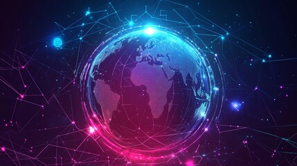 Obraz premium Neon digital economy system, global inflation effects, networked program activities, flat design illustration