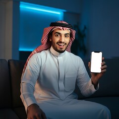 Young Arab muslim man in traditional clothes showing mobile phone isolated on home and sitting on sofa with blue colors.
