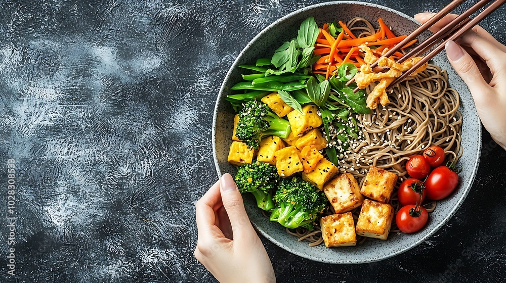 Poster Soba noodles with vegetables and fried tofu in a bowl Grey background Copy space Top view : Generative AI