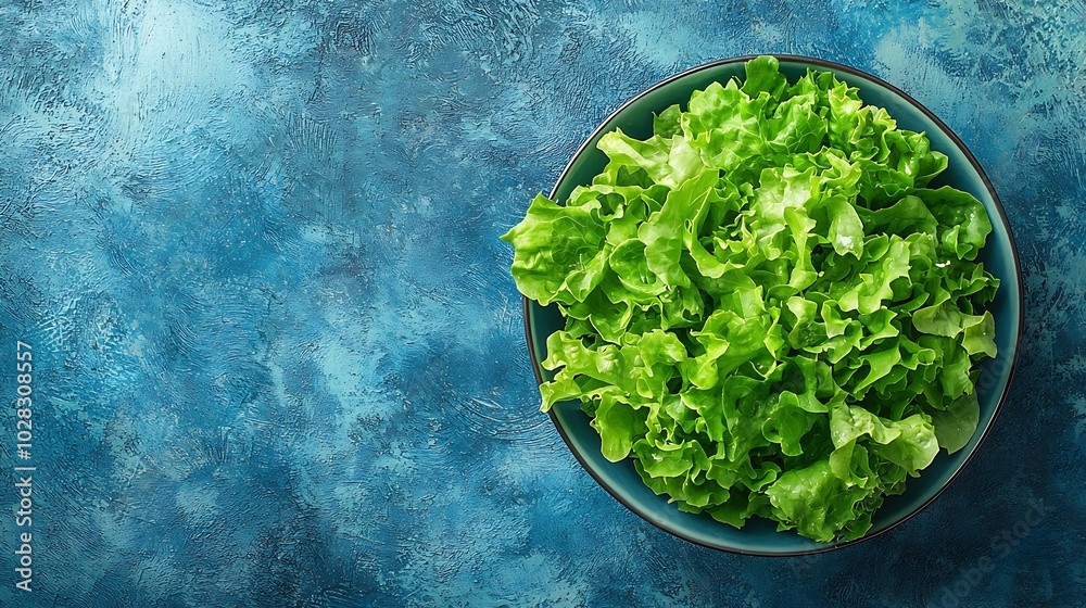 Poster romaine lettuce salad on blue table top view copy space : generative ai