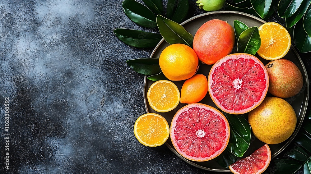 Poster tropical fruits assortment on a plate grey background copy space top view : generative ai