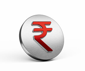 Vibrant Red Indian Rupee Currency Symbol On A Metallic Silver Disc Icon 3D Illustration