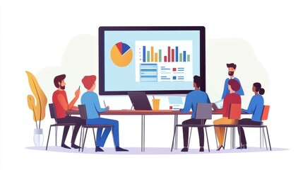 Training, education or business people in presentation for sales report or financial analysis in office. Teaching, leadership or manager planning in a meeting on screen monitor in mentorship coaching