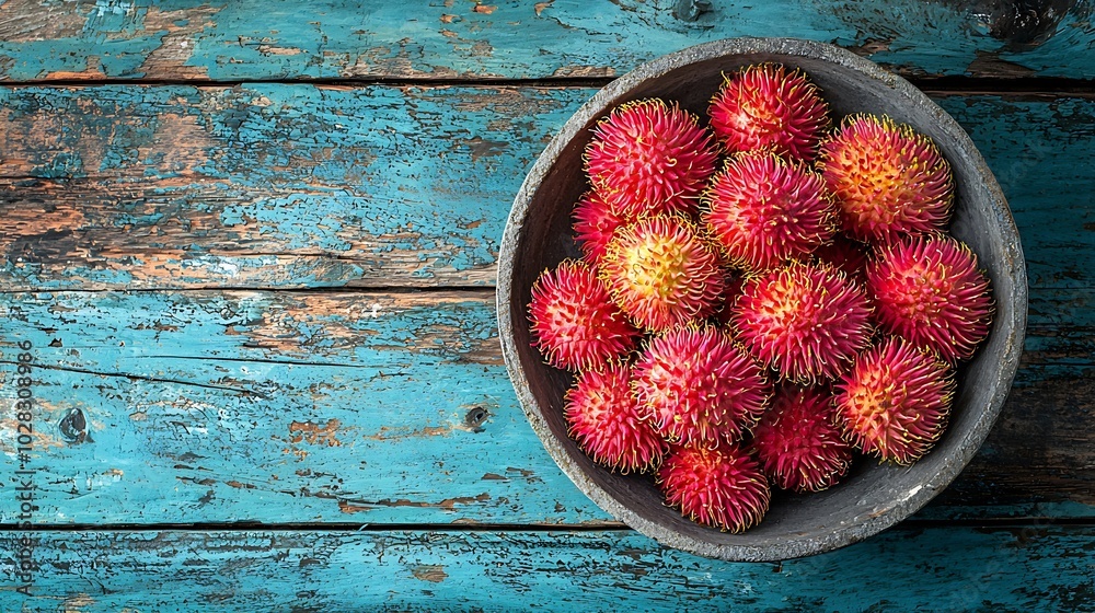 Aufkleber fresh rambutans in a grey stone bowl on wooden colorful background copy space top view : generative 