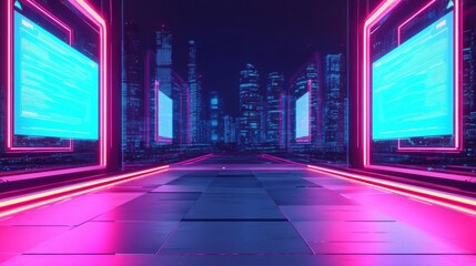 Obraz premium Blockchain AI hub, neon accents, futuristic metropolis skyline, floating holographic screens