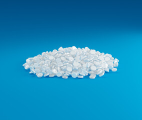 Collection Of White PVC Plastic Polymer Pellets Or Beads Isolated On Blue Background 3d Illustration