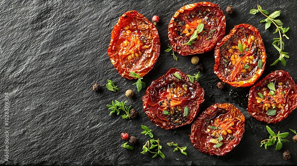Poster sun dried tomatoes with fresh herbs and spices slate background close up top view : generative ai