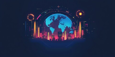 Digital economy network, global inflation tracking, neon program activities, flat design illustration