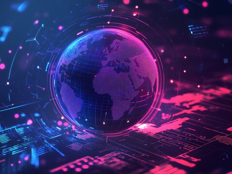 Global economy system with inflation data, neon trend network, digital program activities, flat design illustration