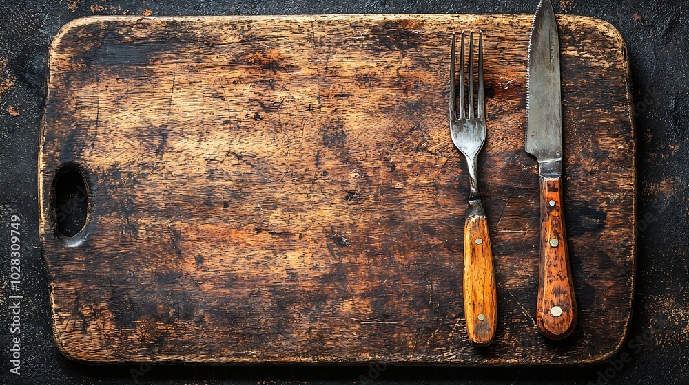 Aufkleber cutting board with cutlery fork and knife grey background top view : generative ai