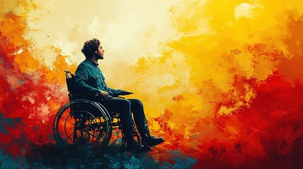 A Man in a Wheelchair Looking Up at a Vibrant Yellow and Orange Background