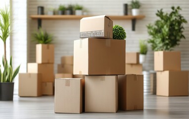 Cardboard boxes filled with household belongings indoors, with blank space for text to emphasize moving day themes 