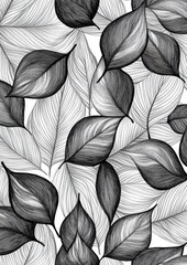 A black and white drawing of leaves with a white background