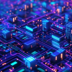 Obraz premium Blockchain cyber pathways, futuristic blue and purple hues, tech-inspired cityscape