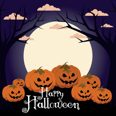 Halloween background, with pumpkins, trees, and in shades of purple, with text, Happy Halloween