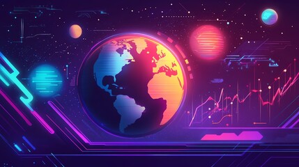 Global economy under inflation pressure, neon digital network, business program activities, flat design illustration