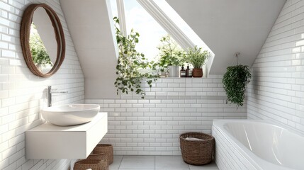 A bright and airy small bathroom featuring a skylight bathing the interior in natural light. White subway tiles with dark grout create a timeless backdrop for a compact floating vanity with open