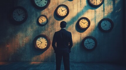 A businessman contemplates time with multiple clocks on the wall, symbolizing the pressure of deadlines and global awareness.