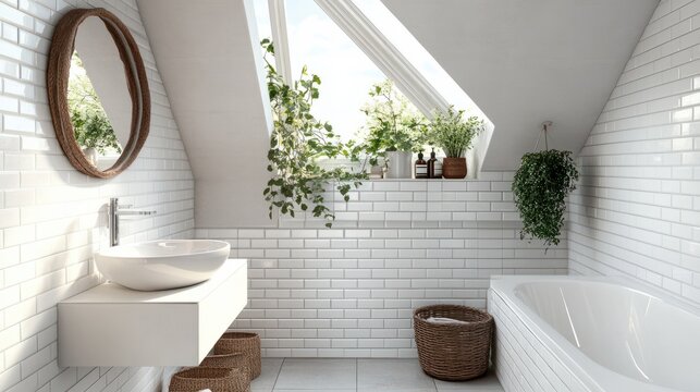 A bright and airy small bathroom featuring a skylight bathing the interior in natural light. White subway tiles with dark grout create a timeless backdrop for a compact floating vanity with open