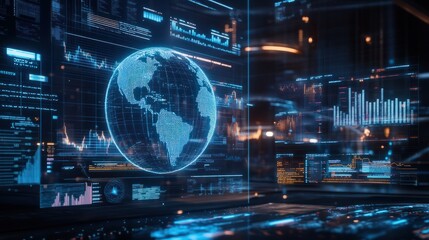 A digital representation of the Earth surrounded by data visuals and graphs in a futuristic financial setting at night