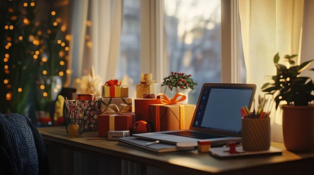A cozy workspace featuring gift boxes and a laptop, symbolizing online shopping and thoughtful gifting. - Powered by Adobe