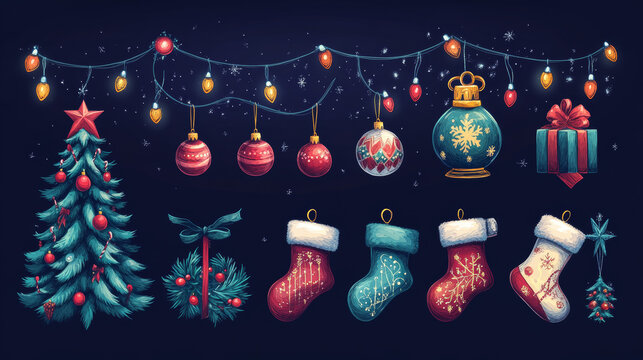 Illustration set of festive Christmas decorations featuring Christmas trees, bells, stockings, string lights, ornaments, baubles, lanterns, snowflakes, gifts, ribbons, and more. Hand-drawn vector illu