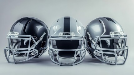 Fototapeta premium American Football Helmets on White Background. Grey Helmets for Sport on Gridiron
