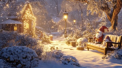 A sparkling garden filled with gnomes, snow-covered benches, and lanterns glowing with warm light on a frosty morning.