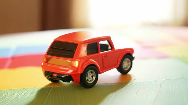 A 360-degree video with soft lighting, showcasing a colorful toy car on a children's play mat