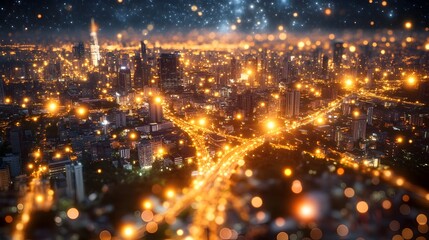 Naklejka premium Glowing Cityscape at Night with Illuminated Skyscrapers and Bustling Streets