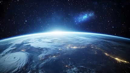 Fototapeta premium Stunning View of the Earth from Space at Night with Glowing Atmosphere and Starry Sky
