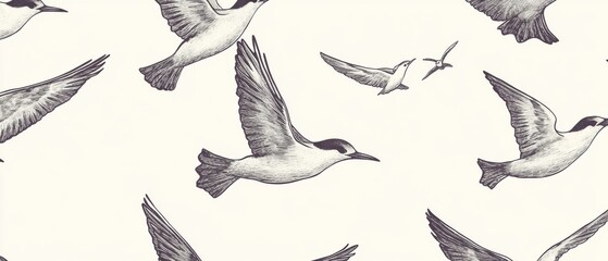 Obraz premium A black and white drawing of birds flying in a pattern