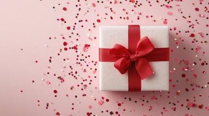 Obraz premium White gift box with red ribbon on pink backdrop, top angle, falling glitter and confetti, copyspace