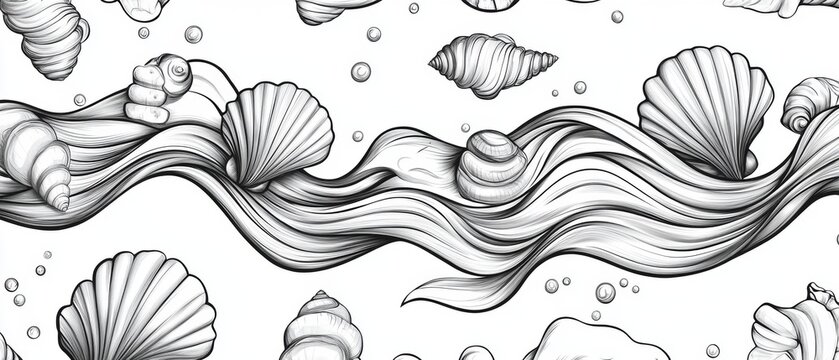 A drawing of a wave with shells and bubbles