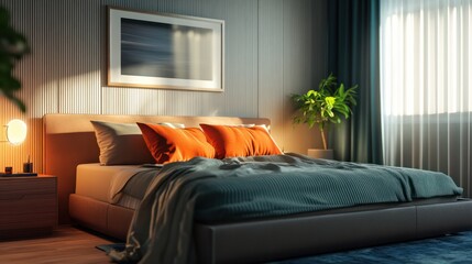 bedroom with bed and pillows, Modern house interior details are showcased in a simple, cozy bedroom setting