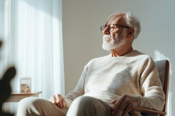 Senior man relaxing at home enjoying sunlight by the window