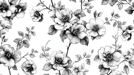 A black and white floral patterned background with flowers
