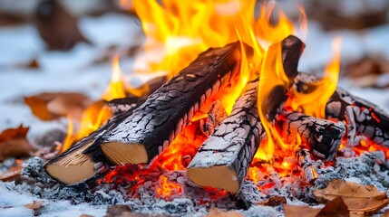 Roaring Campfire Surrounded by Autumn Leaves in the Wilderness