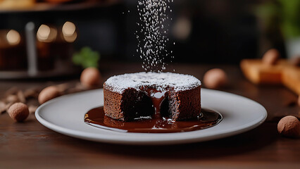Molten Chocolate Lava Cake with Gooey Center and Powdered Sugar on a Sleek White Plate