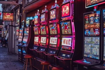 Jackpot, vibrant row of modern slot machines in casino, brightly lit with neon colors, various game themes on digital screens. atmosphere is energetic, with machines ready for players to try luck